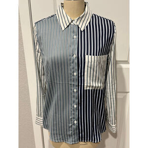 Women's Elie Tahari Button Down Shirt M White Navy Blue Striped blouse